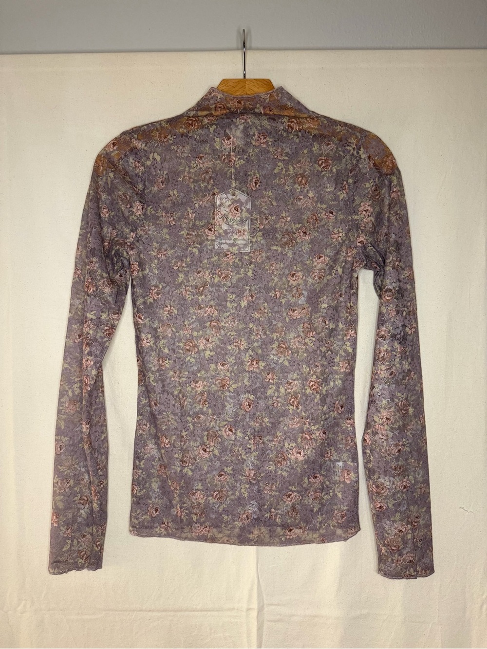 Long-Sleeve Floral Print Layering Top in Sheer Lavender Lace Mock Neck